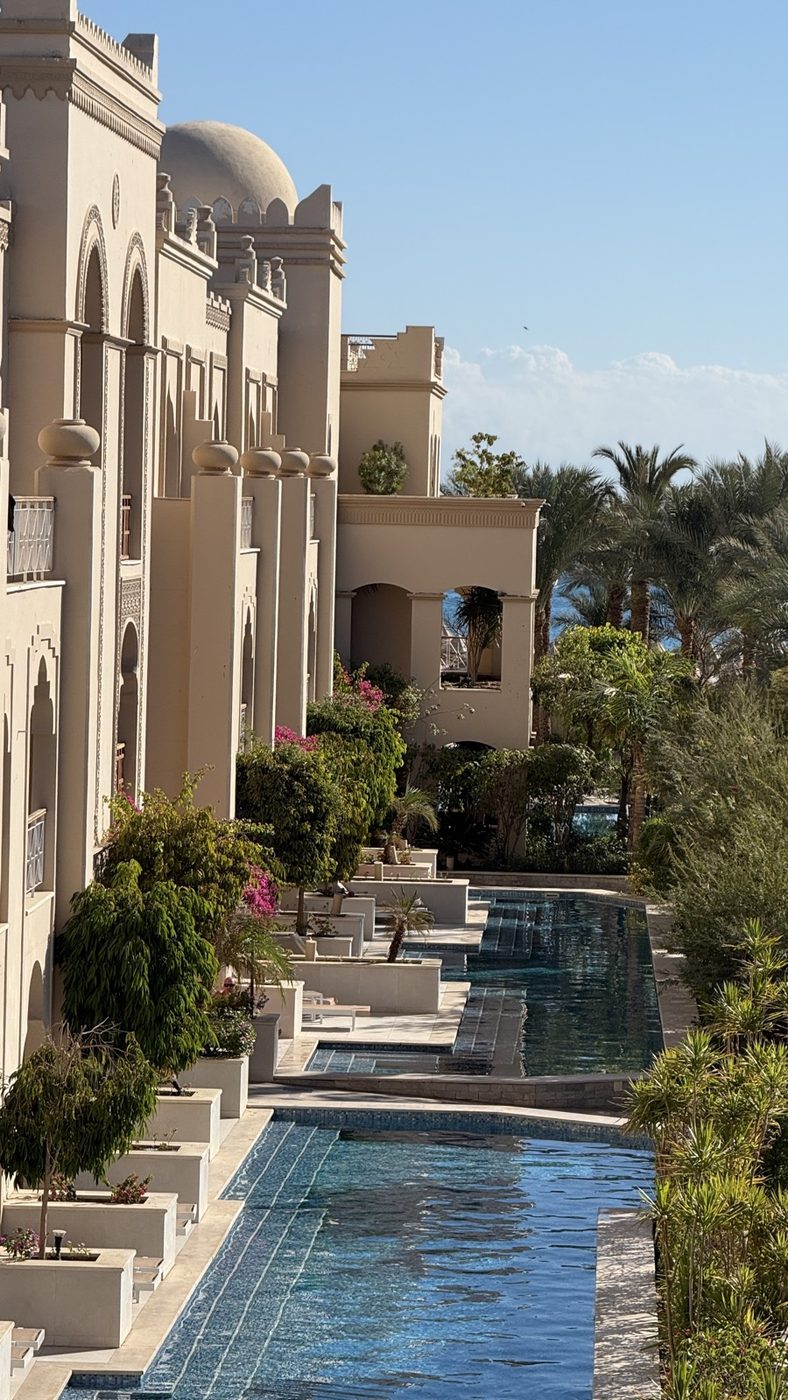 Resort architecture at dusk.